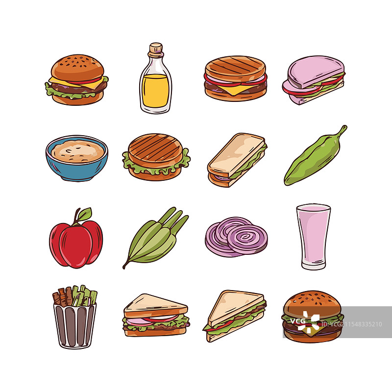 可爱的卡通食品图标集合，适合多样化的食品图片素材