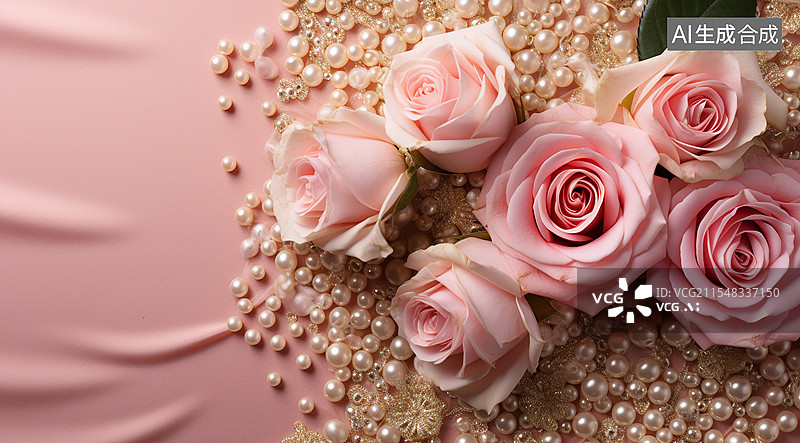 【AI数字艺术】粉色玫瑰花和珍珠背景图片素材