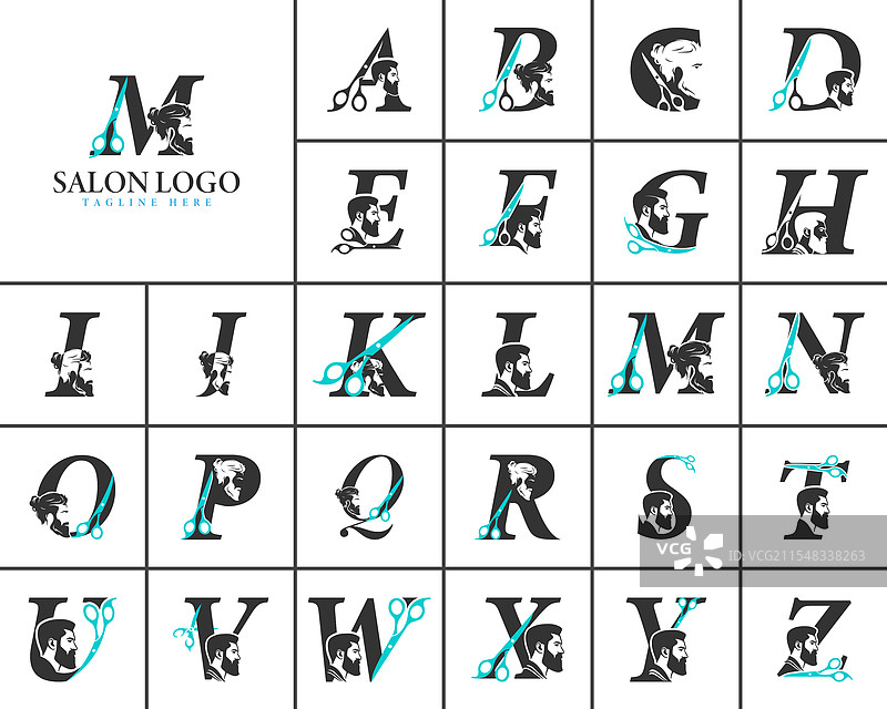 时尚的理发店标志，包含字母A到Z图片素材
