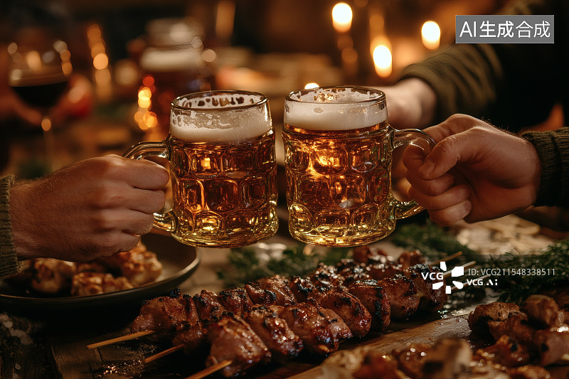 【AI数字艺术】夜晚，下班后在路边摊上喝着啤酒，吃着烧烤图片素材