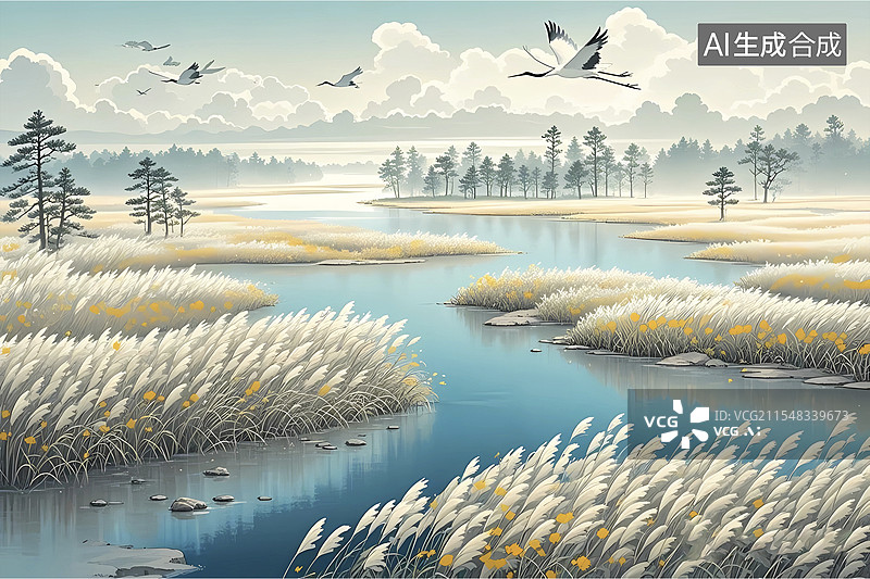 【AI数字艺术】国风水墨中式留白意境丹顶鹤湿地蒹葭图片素材