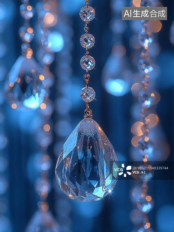 【AI数字艺术】蓝色背景上的水珠水晶钻石挂饰图片素材
