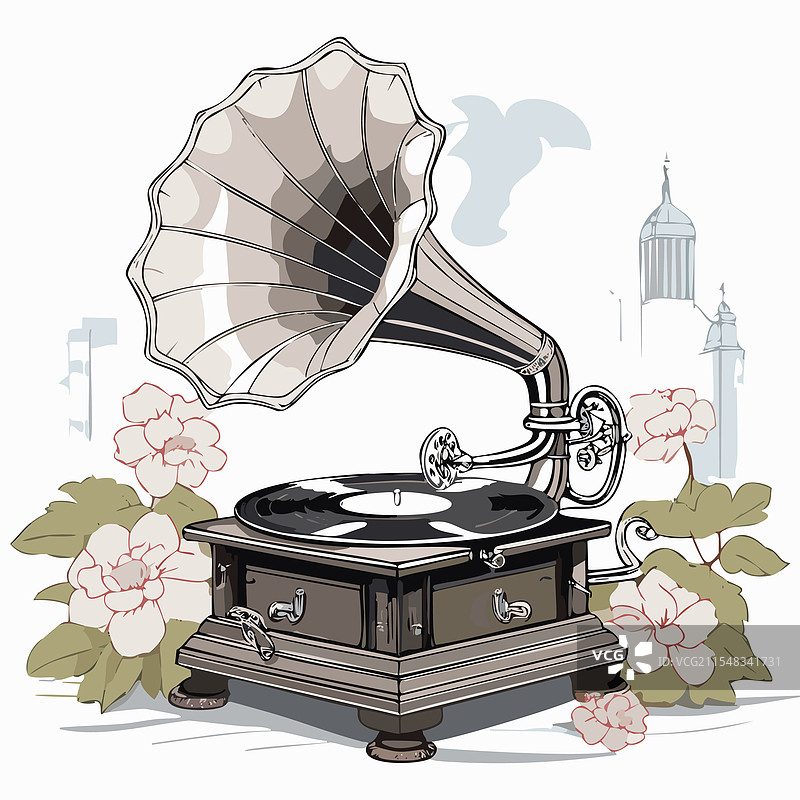 留声机播放唱片的线条艺术图片素材