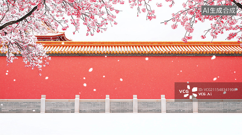 【AI数字艺术】雪中的红色宫墙与盛开的梅花图片素材