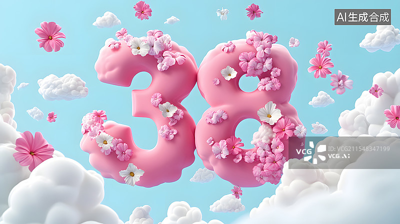 【AI数字艺术】粉色巧克力数字38妇女节3d渲染天空云朵图片素材