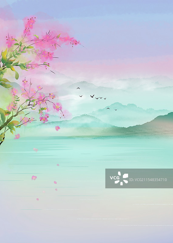 中国风二十四节气封面设计插画-春天 户外风景山水紫薇花 水墨山水禅意插画 竖版图片素材