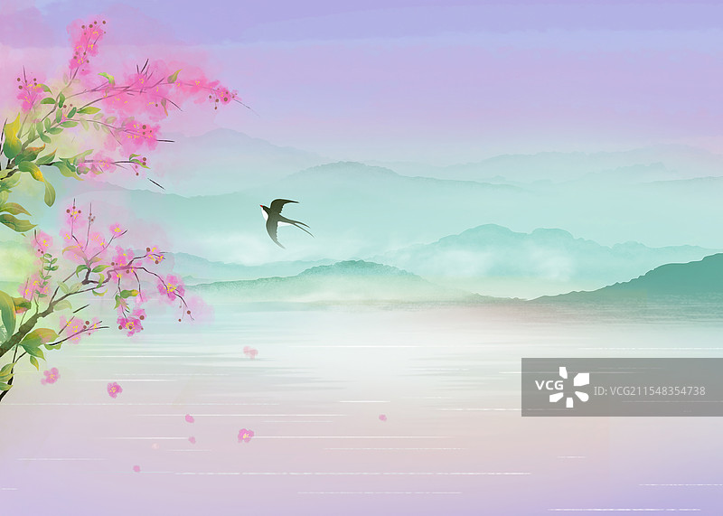 中国风二十四节气封面设计插画-春天 户外风景山水紫薇花 水墨山水禅意插画  横版图片素材