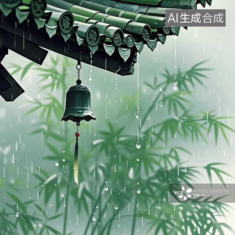 【AI数字艺术】二十四节气春天立春惊蛰雨水春分清明谷雨屋檐竹林风铃春雨国风创意系列图片素材