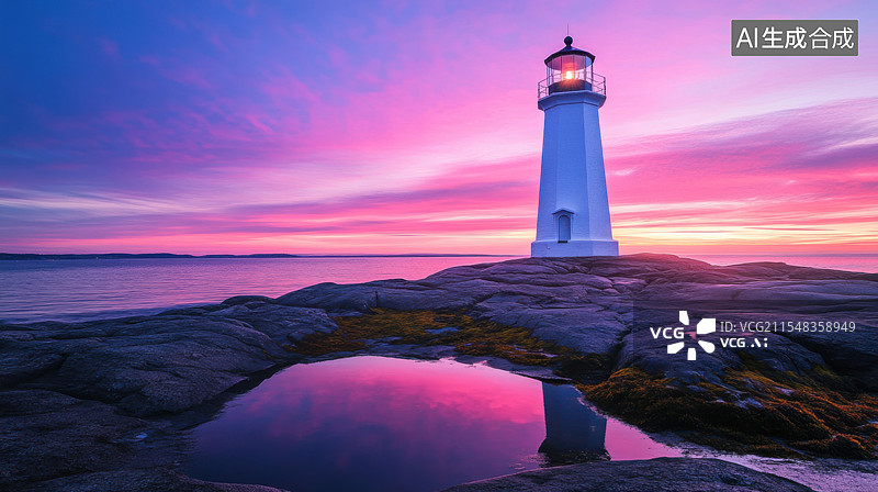 【AI数字艺术】海边日落灯塔风景图片素材