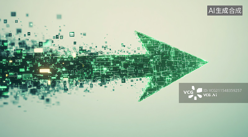 【AI数字艺术】由全息粒子组成的绿色箭头，位于纯色背景上，代表着商业、科技和商业的概念。现代企业世界中进步、创新和数图片素材