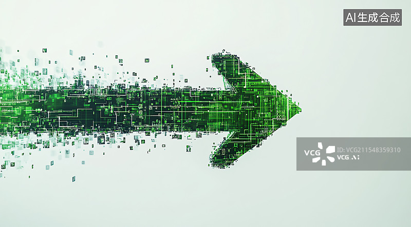 【AI数字艺术】由全息粒子组成的绿色箭头，位于纯色背景上，代表着商业、科技和商业的概念。现代企业世界中进步、创新和数图片素材