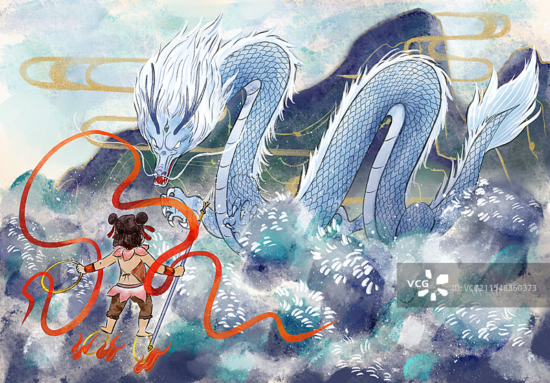 哪吒闹海封神榜中国神话手绘插画图片素材