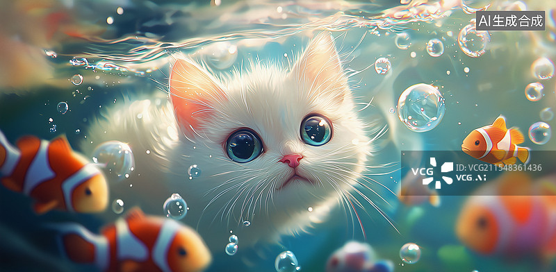 【AI数字艺术】萌猫与小丑鱼的奇妙邂逅图片素材