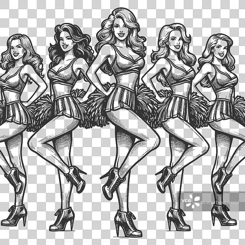 穿着制服的啦啦队员排成一排的素描图片素材