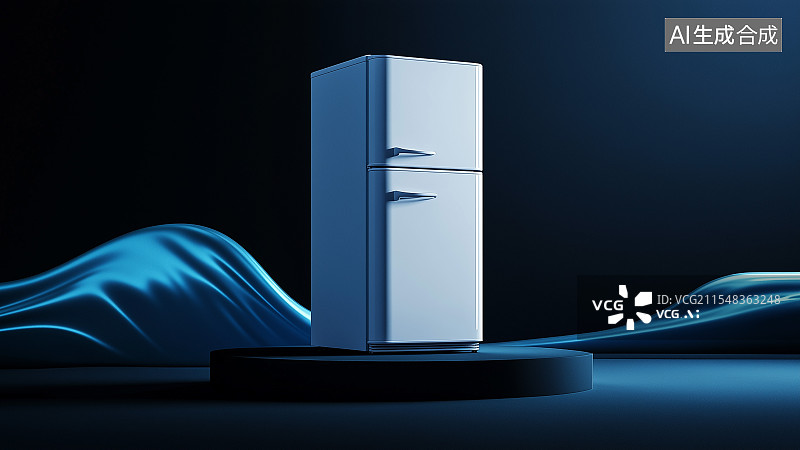 【AI数字艺术】一台白色双门冰箱，置于黑色底座上，背景有蓝色动感光影，整体营造出一种现代时尚的氛围图片素材