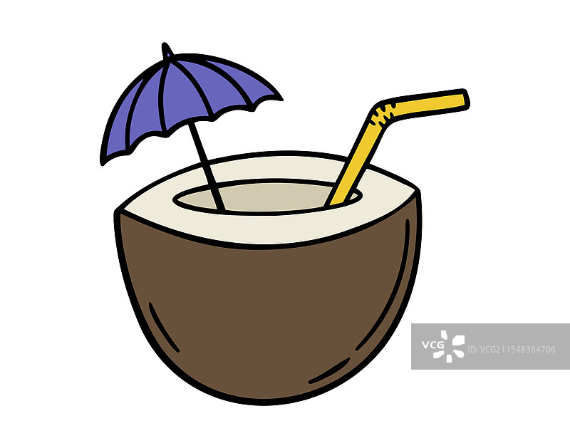 涂鸦风格的卡通椰子鸡尾酒，配有伞和图片素材