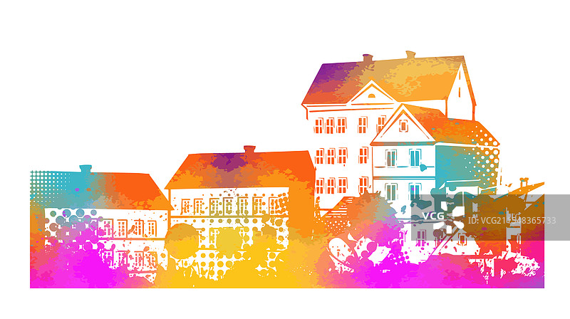 手绘的彩色城市长幅全景图，不是人工智能生成的。图片素材