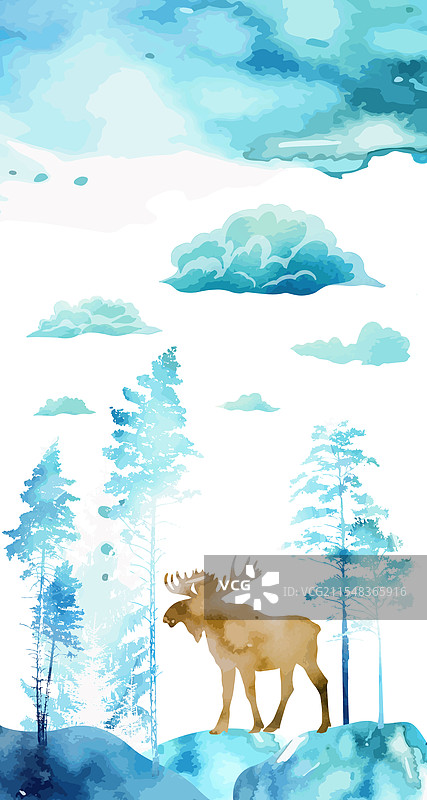 森林中的麋鹿，水彩手绘风格图片素材