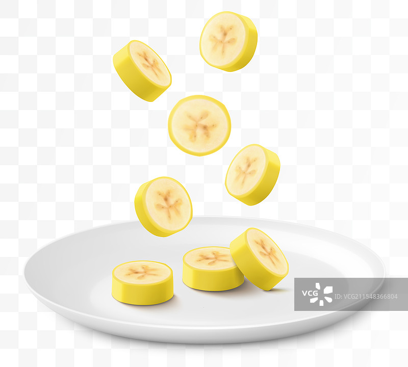 成熟的香蕉片掉落在白色盘子上图片素材