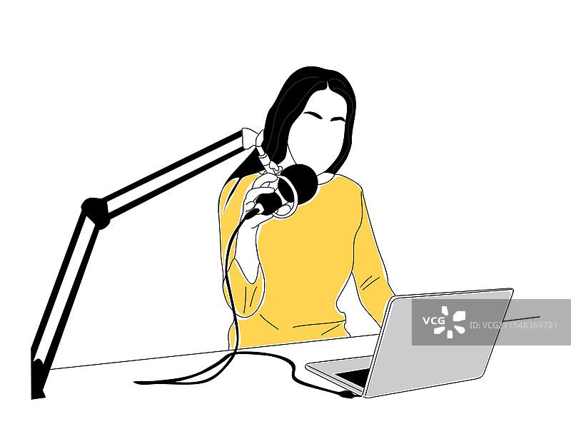 年轻女性录制播客的线条画图片素材