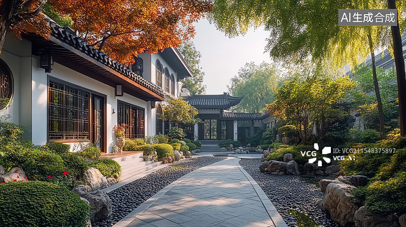 【AI数字艺术】现代中式庭院别墅景观设计图片素材