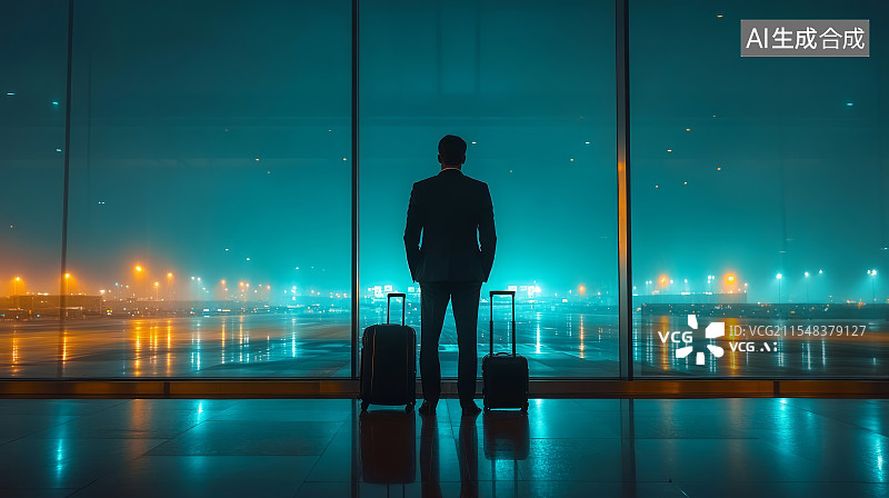 【AI数字艺术】带着行李的商务人士在机场候机楼等待登机背影图片素材
