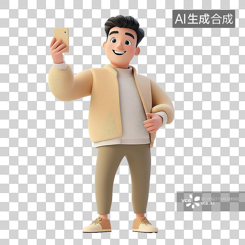 【AI数字艺术】3D卡通人物拿手机自拍图片素材
