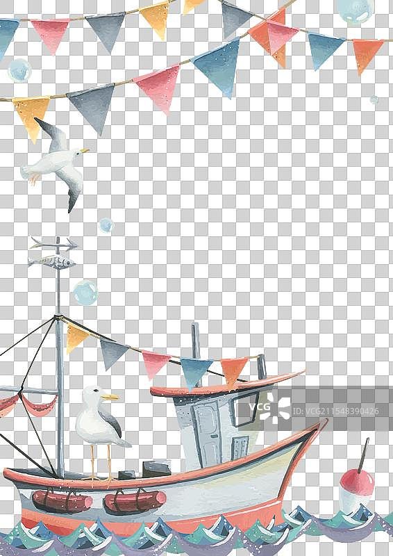 带帆和桅杆的渔船，飞翔的海鸥图片素材