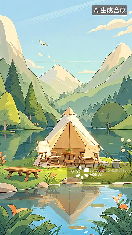 【AI数字艺术】春季搭帐篷野外露营插画场景图片素材