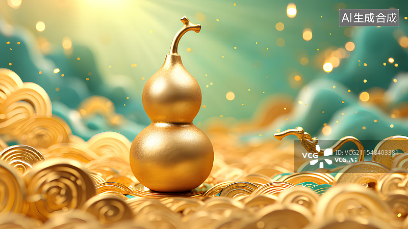 【AI数字艺术】3D渲染，中国风背景图，壁纸，国风宝葫芦，黄金葫芦，酒葫芦，金色背景图片素材