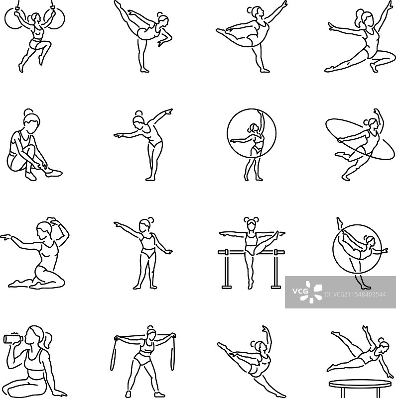 一组线条风格的女性杂技图标图片素材