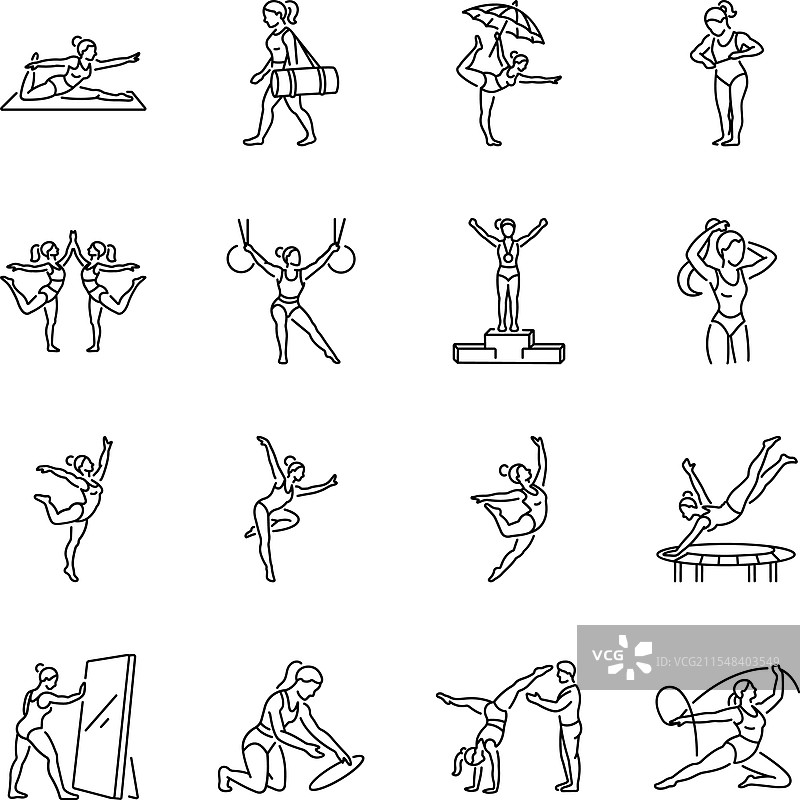 一组线条风格的女性体操器械图标图片素材