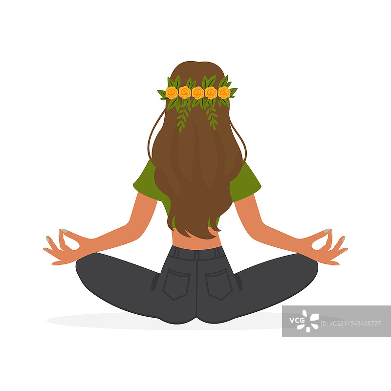 穿着绿色上衣的女孩以莲花坐姿背对着观众图片素材