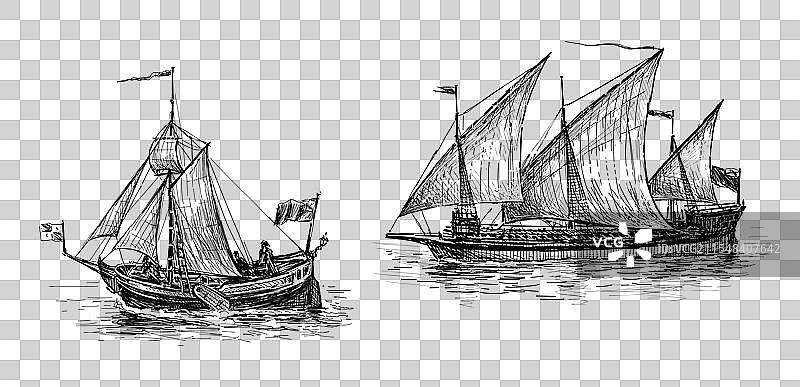 古代帆船在海上的手绘草图图片素材