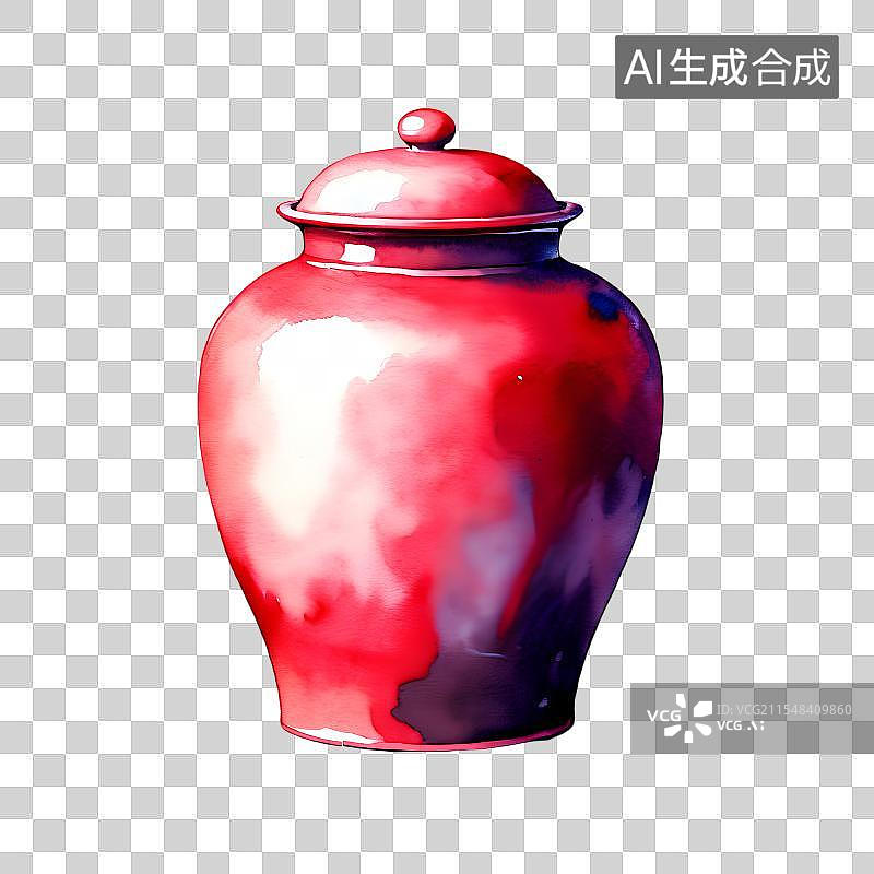 【AI数字艺术】国风手绘插画，钧瓷，官窑，红色陶瓷摆件，茶叶罐，陶瓷罐子，免抠元素图片素材