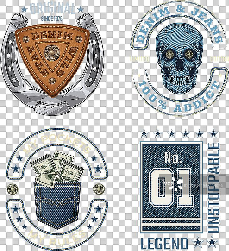 牛仔主题标签，带有骷髅、马蹄铁和钱币图案图片素材