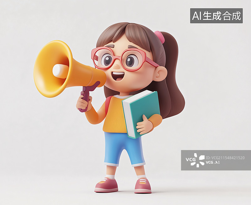【AI数字艺术】卡通插画中，一个活泼可爱的小女孩手拿喇叭和书本，庆祝开学季，充满电子商务打折促销的活力氛围图片素材
