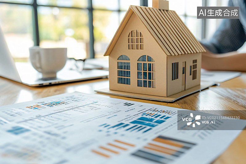 【AI数字艺术】桌上放着房屋模型和房地产投资分析图纸，代表房价、投资机会以及房地产市场中的建筑设计图片素材