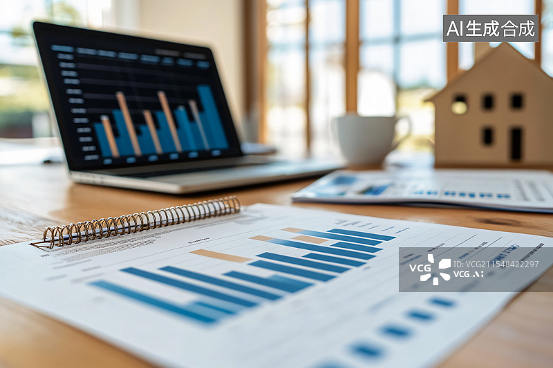 【AI数字艺术】桌上放着房屋模型和房地产投资分析图纸，代表房价、投资机会以及房地产市场中的建筑设计图片素材