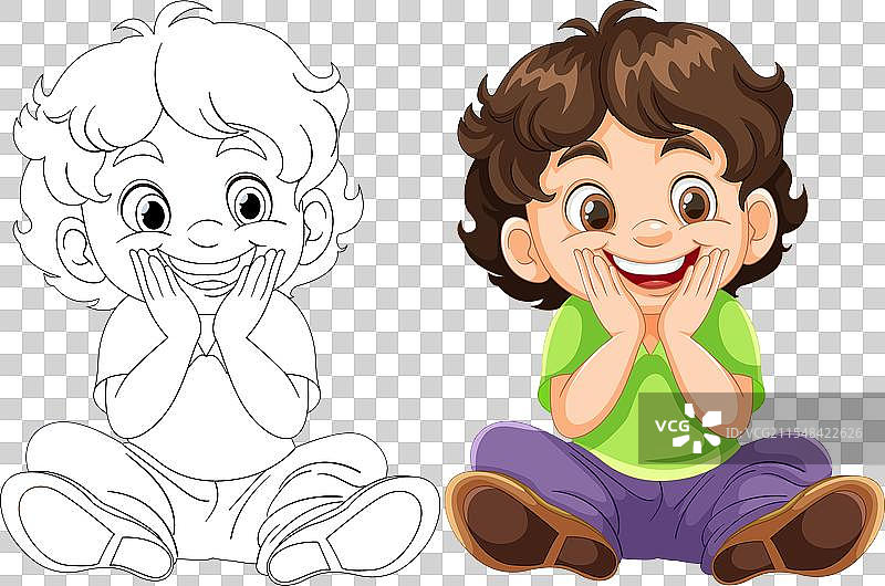 色彩丰富的线条画，描绘一个快乐的孩子坐着图片素材