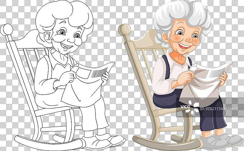 微笑的老年女士坐在摇椅上阅读报纸图片素材