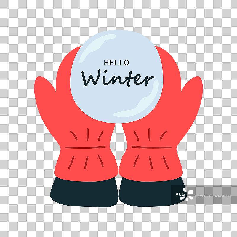 红色手套的手握着雪球，冬天你好图片素材