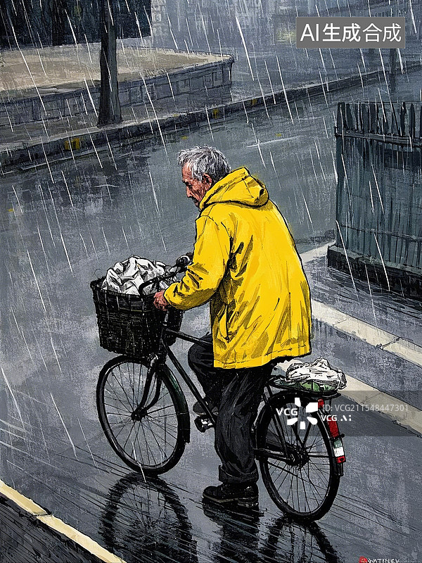 【AI数字艺术】雨中拾荒老人图片素材