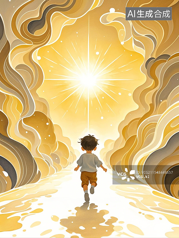 【AI数字艺术】金色之路上的孩子图片素材