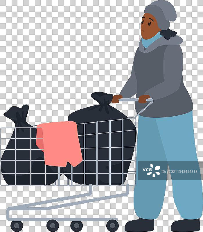 无家可归的贫穷女性推着购物车图片素材