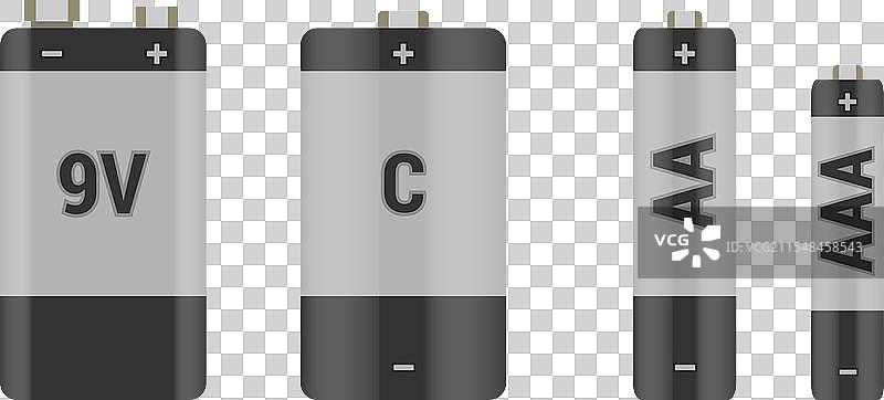 不同电池尺寸：AA、AAA、9V、C图片素材