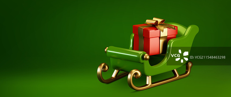 3D圣诞雪橇和绿色礼品盒图片素材