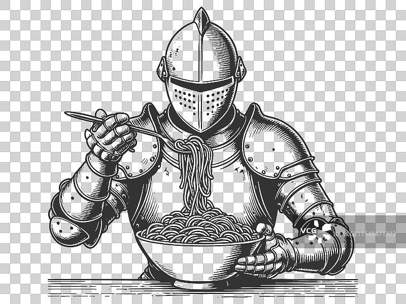 穿着盔甲的骑士吃意大利面雕刻画图片素材