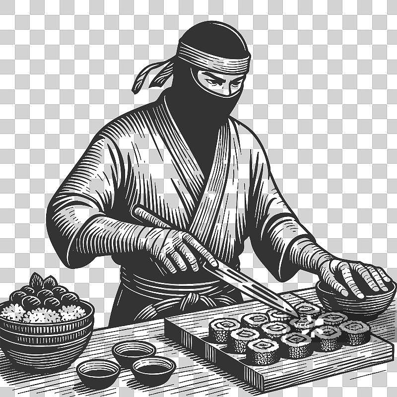 忍者厨师正在准备寿司卷的雕刻图片素材