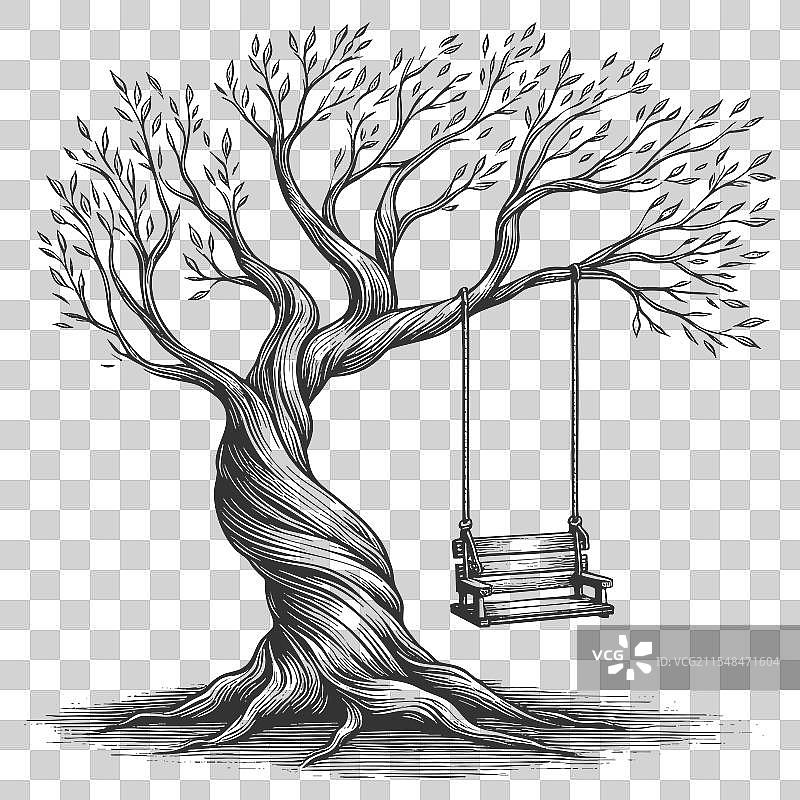 带秋千的树木雕刻图片素材